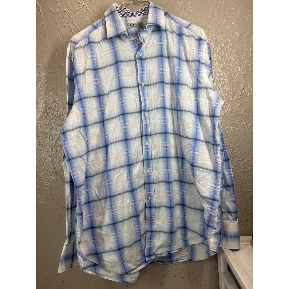 Jack Stone‎ Thomas Dean Mens Blue White Plaid Long Sleeve Button Down Shirt - Picture 2 of 5
